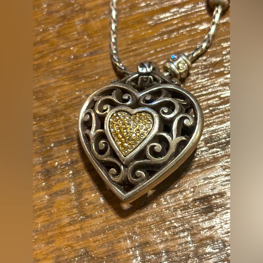 BRIGHTON Silver Plated Reno Heart Crystal Chain Necklace.